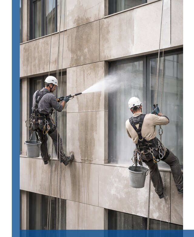 Послестроительная мойка фасада промышленным альпинизмом в Кизилюрте