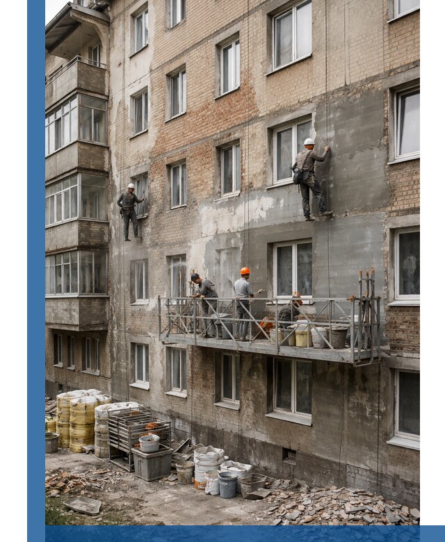 Капитальный ремонт фасада в Кизилюрте с восстановлением и гидроизоляцией