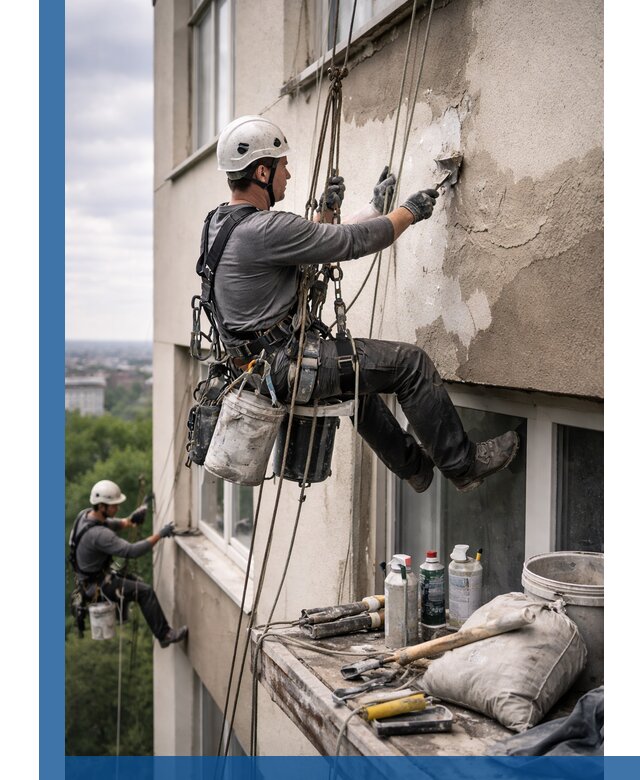 Косметический ремонт фасада зданий в Кизилюрте промышленными альпинистами
