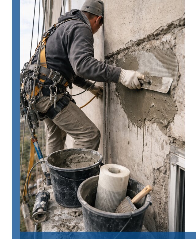 Ремонт бетонных элементов фасада промышленными альпинистами в Кизилюрте