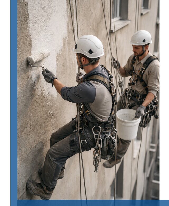 Грунтовка фасада на высоте в Кизилюрте промышленными альпинистами