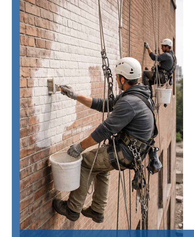 Покраска кирпичного фасада с доступным альпинистским сервисом в Кизилюрте