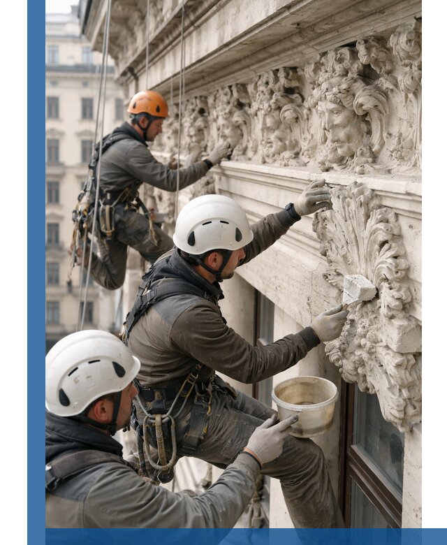 Реставрация фасадной лепнины с высотными работами в Кизилюрте