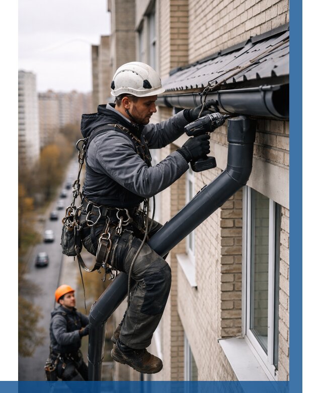 Монтаж водосточной системы на здании в Кизилюрте от 5163 р. | ВЫСОТНИК-Кзт