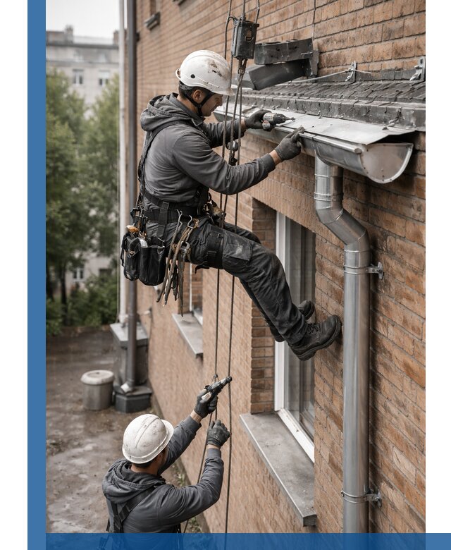 Монтаж водосточной системы на здании в Кизилюрте под ключ