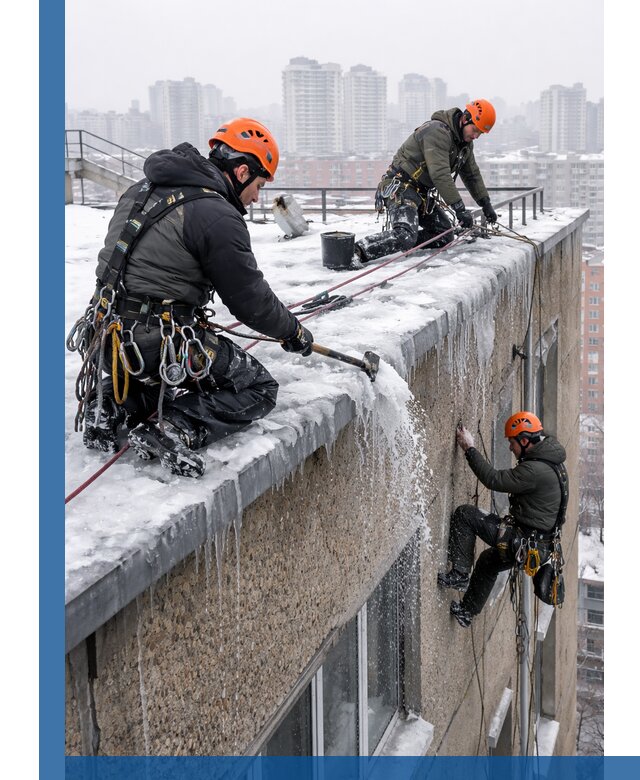 Удаление наледи с кровли в Кизилюрте промышленными альпинистами