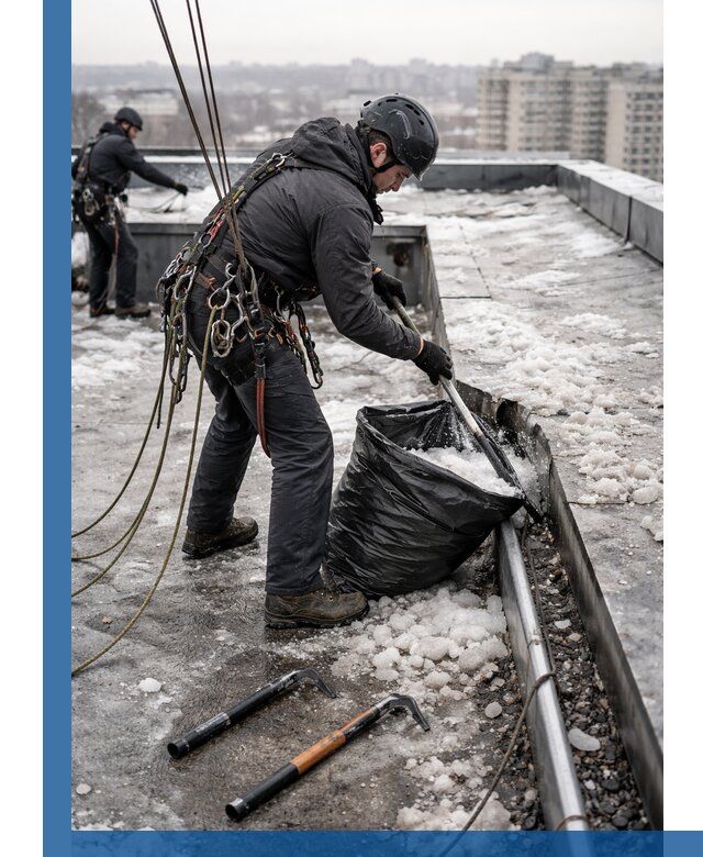 Аварийная очистка кровли в Кизилюрте от промальпинистов