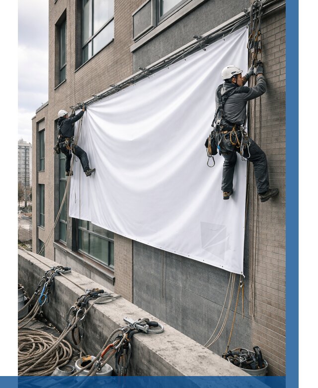 Монтаж баннеров на фасаде в Кизилюрте от 671 р. заказать ВЫСОТНИК-Кзт