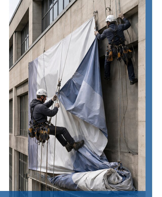 Демонтаж баннеров с фасада в Кизилюрте от 4647 р. | ВЫСОТНИК-Кзт