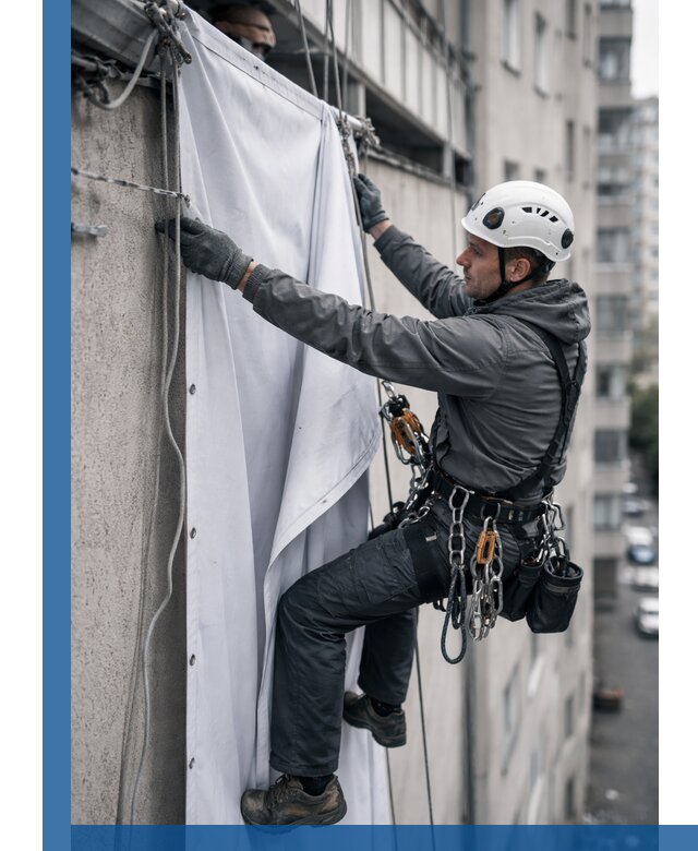 Замена баннерного полотна промышленными альпинистами в Кизилюрте