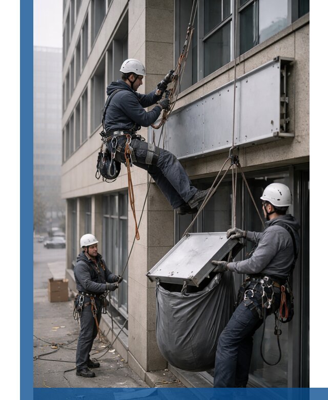 Демонтаж рекламной вывески с высотными работами в Кизилюрте