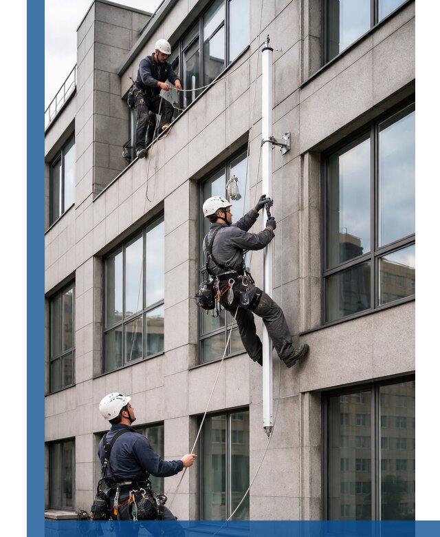 Монтаж флагштока на фасаде здания с креплением и герметикой в Кизилюрте