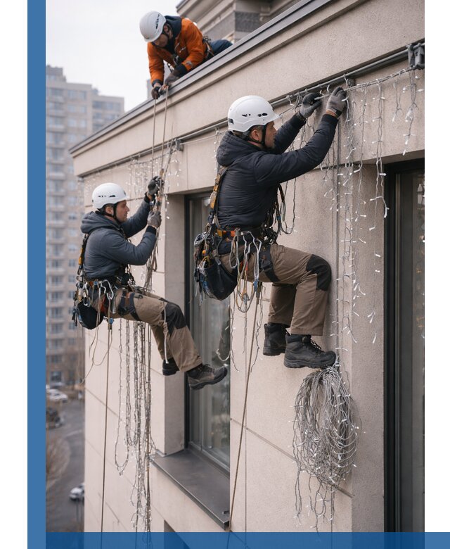 Монтаж праздничных гирлянд на фасаде в Кизилюрте для зданий