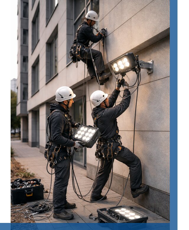 Монтаж прожекторов на фасаде в Кизилюрте от 7745 р. | ВЫСОТНИК-Кзт