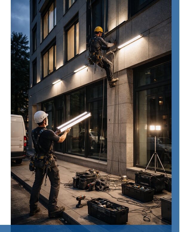 Монтаж архитектурной подсветки здания в Кизилюрте от 2582 р.|ВЫСОТНИК-Кзт