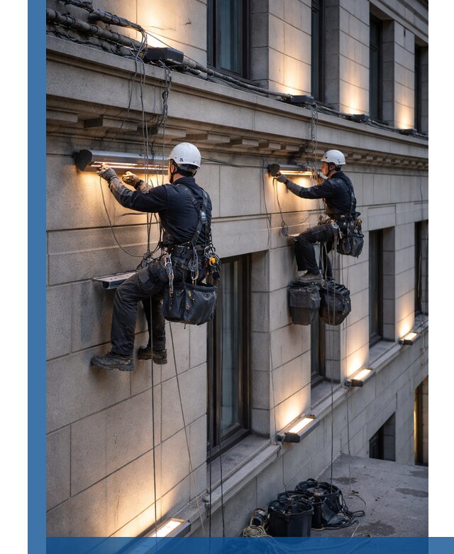 Монтаж архитектурной подсветки фасадов зданий в Кизилюрте