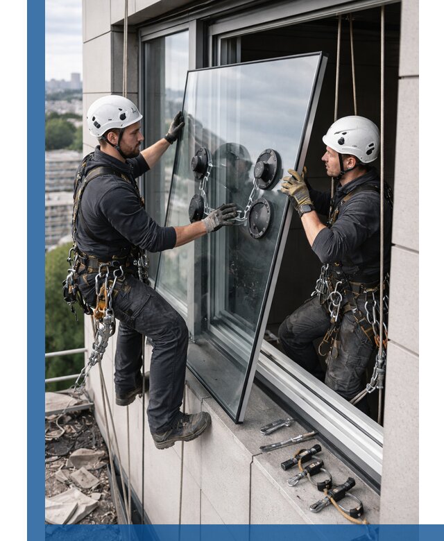 Замена стеклопакетов на высоте с промышленными альпинистами в Кизилюрте