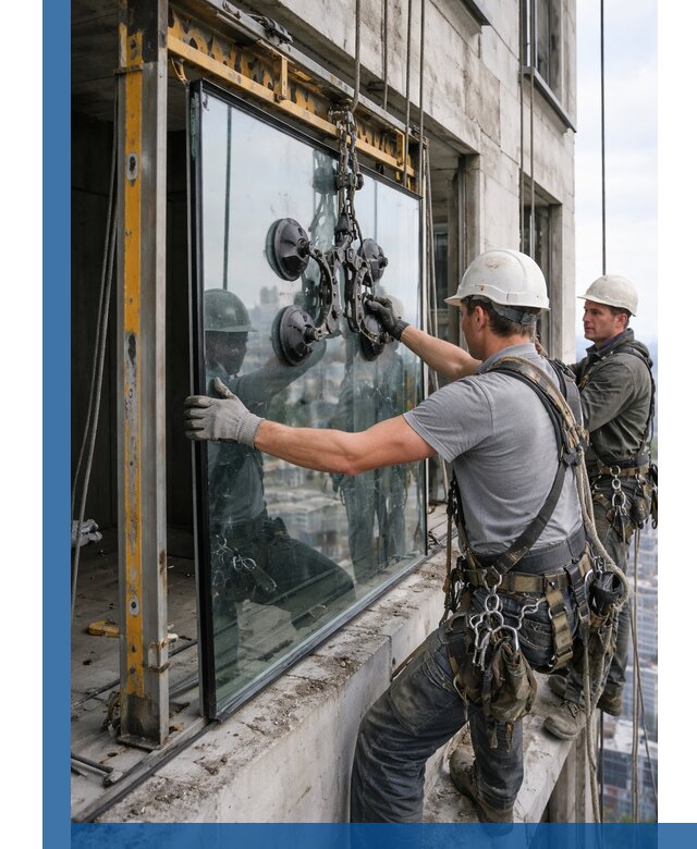 Монтаж стеклопакетов на высоте в Кизилюрте с промышленным альпинизмом