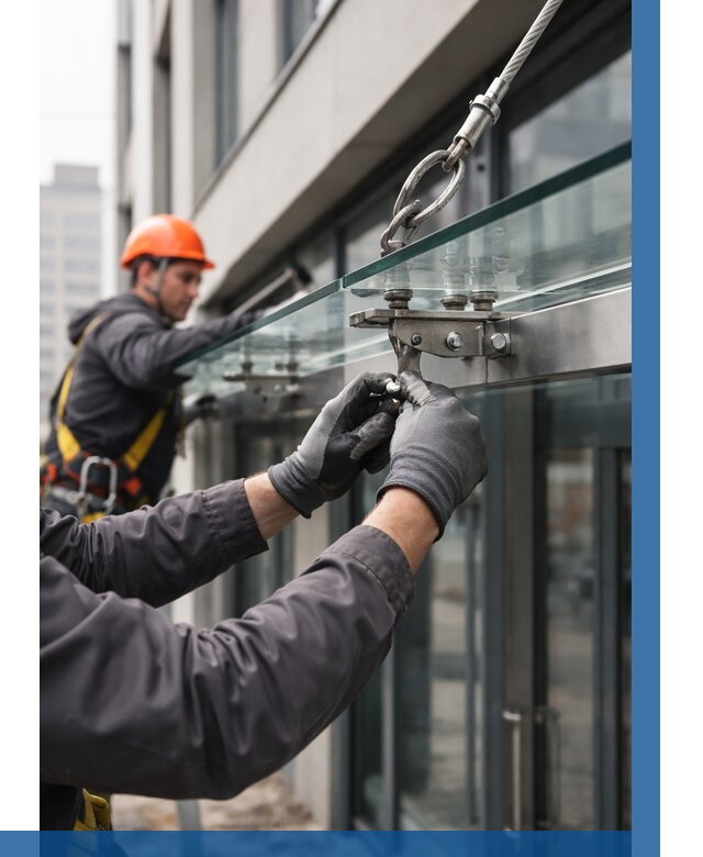 Монтаж стеклянных козырьков в Кизилюрте от 8777 р. | ВЫСОТНИК-Кзт