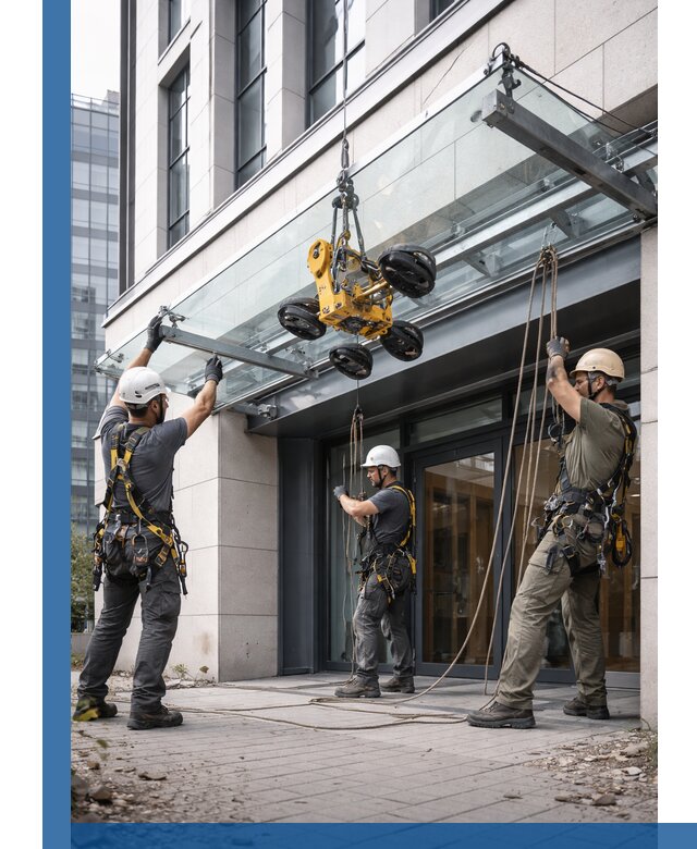 Монтаж стеклянных козырьков под ключ в Кизилюрте для зданий