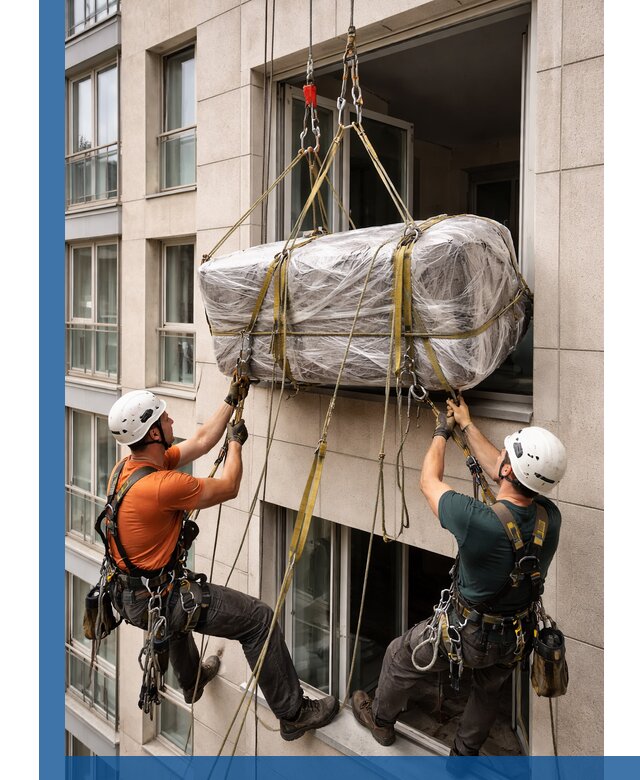 Подъем грузов через окно в Кизилюрте промышленными альпинистами