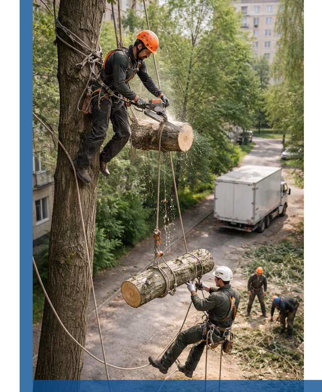 Спил деревьев альпинистами в Кизилюрте, безопасно и без повреждений