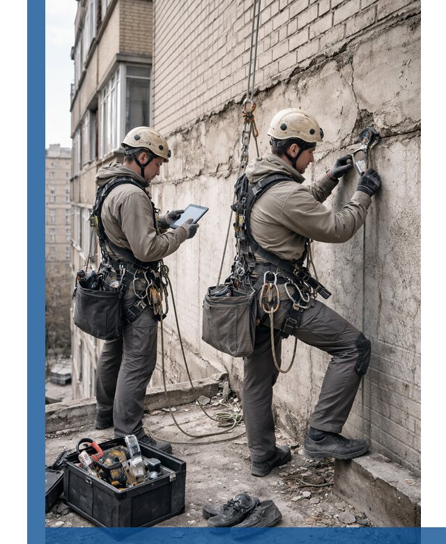 Обследование фасада промышленными альпинистами в Кизилюрте